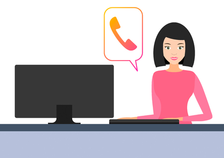 icon girl behind the computer. vector illustration. online call, online chat. the customer support center. flat.のイラスト素材
