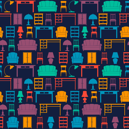 flat icons furniture vector seamless background. chair, armchair, sofa, cupboard, table lamp, floor lamp, table.のイラスト素材