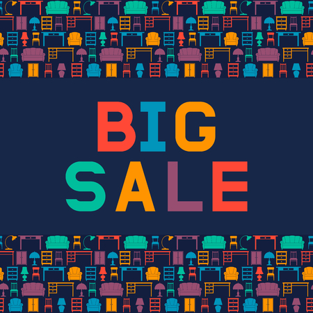 Big sale of furniture. Design a flyer or banner for shop interiors. Vector illustration. Flat style.のイラスト素材