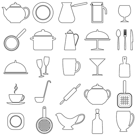 Set of linear icons with kitchen utensils, vector illustration. Black contour on white background.のイラスト素材