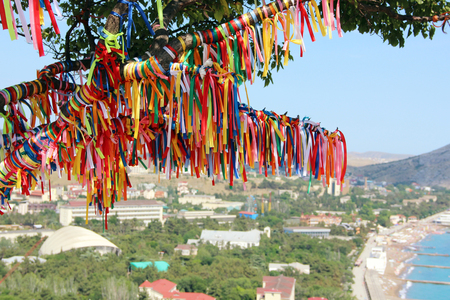 Colored ribbons on the tree making a wish on a cliff against the sea and the city.の写真素材
