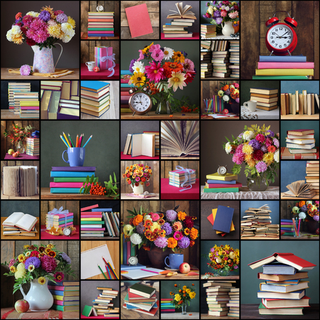 Back to school. September 1, knowledge day. The teacher's day. Still life with autumn bouquet, books and school supplies. Textbooks. Collage. School holidays.の写真素材