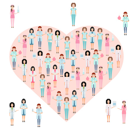 Healthcare medical team with drugs in shape of heart. Hospital staff health professionals group in uniform. doctors, nurses. Vector illustration.のイラスト素材