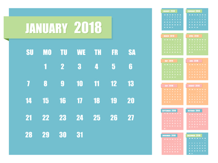 Calendar for 2018 months in the form of paper stickers. The week starts on Sunday. Vector flat illustration.のイラスト素材