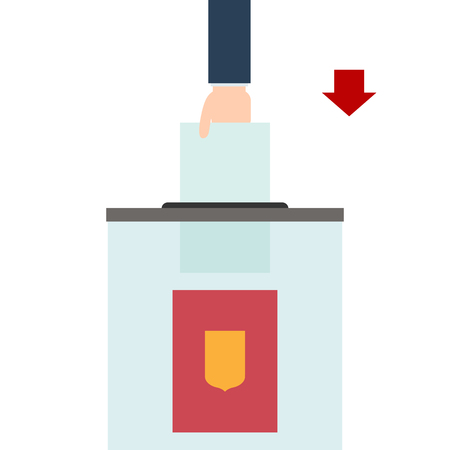 The hand drops the ballot into a transparent stationary box. Vector flat illustration.のイラスト素材