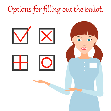 Girl, member of the election Commission, shows the correct options for filling out the ballot. The tick or cross. Vector flat illustration.のイラスト素材
