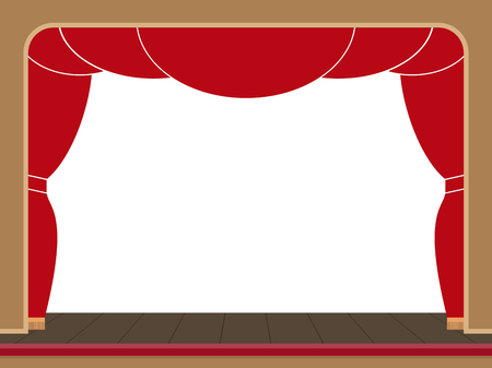 Theater stage with open red curtain vector flat illustration. Empty space for your text.のイラスト素材
