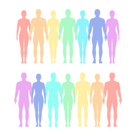 Rainbow of silhouettes of men and women holding hands. Seven boys and girls. Vector flat illustration.のイラスト素材