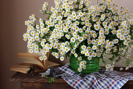 Bouquet of daisies. Still life with flowers in a vase on the table, a book and a butterfly.の写真素材