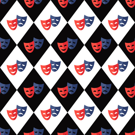 Funny and sad theater masks, vector background. Seamless pattern with black and white diamonds.のイラスト素材