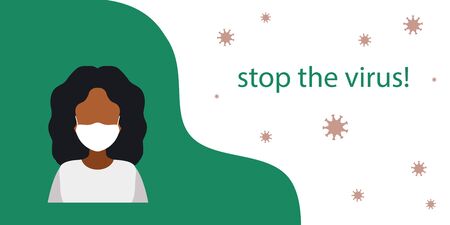 stop the virus! a dark skinned woman in a medical mask for protection of respiratory organs. vector illustration. health, medicine. space for text.のイラスト素材