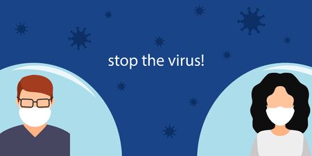 stop the virus! a man and a woman in medical masks at a distance from each other, virus protection. vector illustration.のイラスト素材