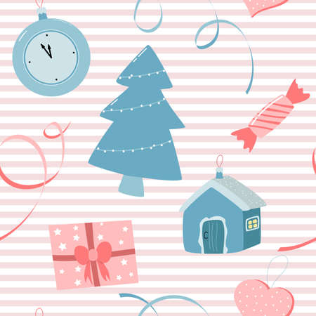 seamless pattern with Christmas decorations on pink striped background. vector color illustration.