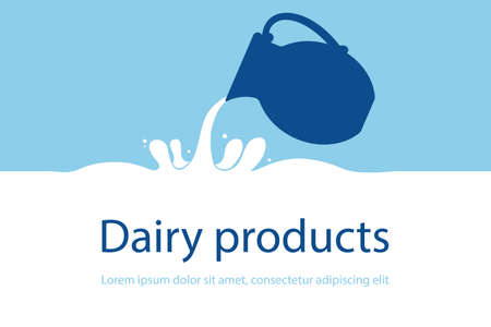 Milk pours from a jug. Dairy products, milk, kefir, yogurt. Vector illustration. Copy space.のイラスト素材