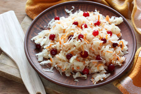 vegetable salad of cabbage and carrots after lactic acid fermentation. homemade Russian food.の写真素材