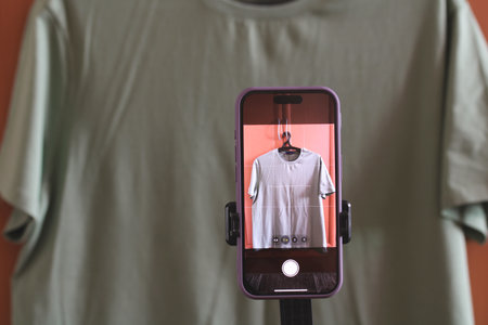 Smartphone on tripod is taking pictures of t-shirt hanging on hanger for selling it on online...