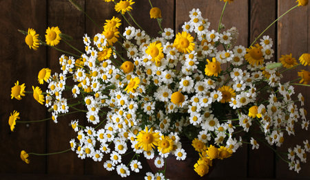 White and yellow daisies create a vibrant bouquet in a clay pot set against a rustic wooden backdrop