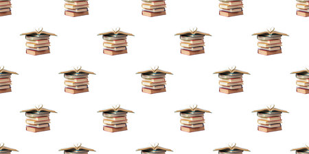 Seamless pattern of stacks of books with heart shaped pages symbolizing love of reading on a white backgroundの写真素材
