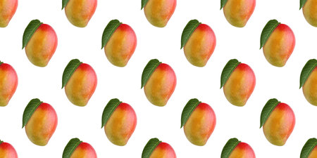 Seamless pattern of fresh ripe mangoes with green leaves on a white background, creating a vibrant and tropical designの写真素材