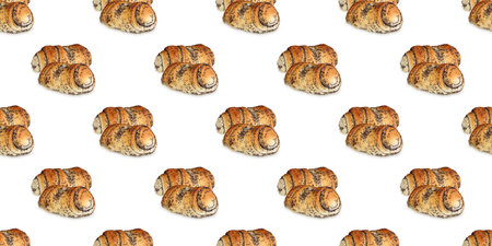 Freshly baked poppy seed rolls arranged in a seamless pattern, ideal for food backgrounds or culinary projectsの写真素材