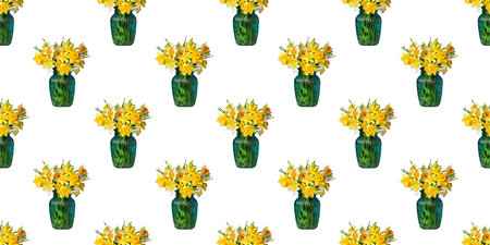 Seamless pattern of yellow daffodils bouquets in green vases standing on white background, perfect for floral and spring themesの写真素材