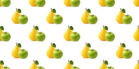 Fresh and colorful seamless pattern featuring ripe yellow pears and crisp green apples, perfect for...