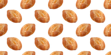 Seamless pattern of freshly baked crusty bread loaves, creating a visually appealing design on a clean white backdropの写真素材