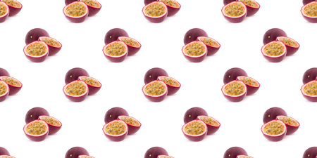 Passion fruit seamless pattern, showing ripe pulp and seeds, isolated on white backgroundの写真素材