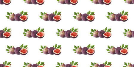 Seamless pattern of fresh figs, showcasing both whole and halved fruits alongside vibrant green leaves, set against a clean white backdropの写真素材