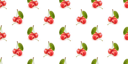 Fresh, juicy cherries creating a vibrant and appetizing seamless pattern, perfect for food-themed...