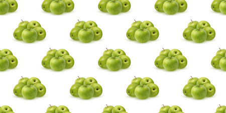 Ripe green granny smith apples arranged on a white background, creating a seamless repeating pattern...