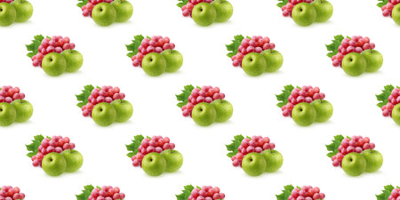 Fresh green apples and red grapes creating a seamless pattern on a white background, ideal for...