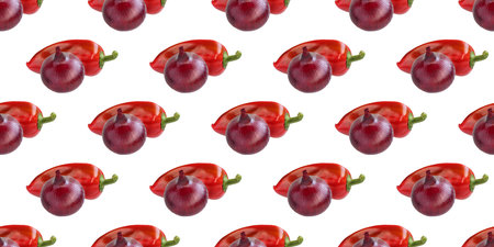 Seamless culinary pattern showing fresh red onions and bell peppers, ideal for food-themed designsの写真素材