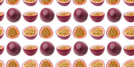 Seamless pattern of whole and halved passion fruits creating a vibrant and colorful backdropの写真素材
