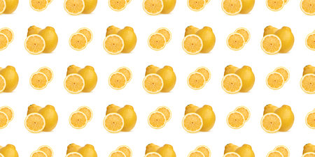 Vibrant seamless pattern featuring whole and sliced lemons, ideal for food-related designs,...