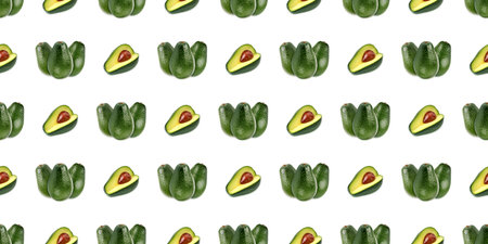Fresh, ripe avocados arranged in a repeating pattern, showcasing both whole and halved fruits...