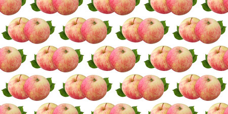 Seamless pattern of ripe pink apples with green leaves, creating a vibrant backdrop for concepts of...