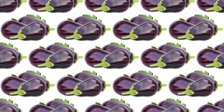 Ripe eggplants arranged in a seamless pattern, showing their vibrant purple color and green stems, perfect for food-related designsの写真素材