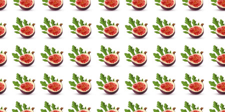 Fresh figs cut in half showing vibrant red interior with green leaves creates a seamless pattern on...