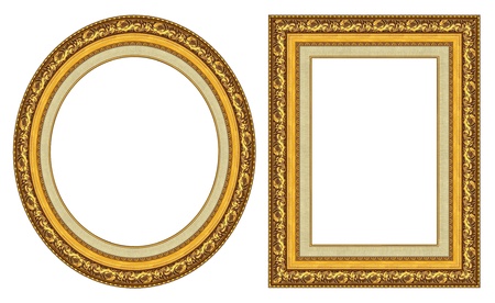 Oval and rectangular gold picture frame with a decorative patternの写真素材