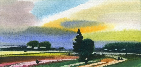 Evening rural water colour landscapeの写真素材