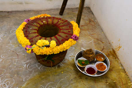 Round swinger decorated with flowers and making arrangementsの写真素材