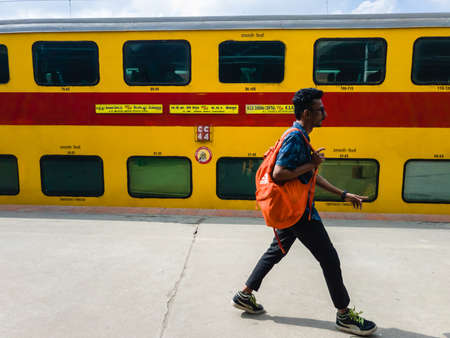 Bangalore, Karnataka, India - January 2020: The air conditioned double decker train standing on a platform at the Bengaluru railway stationのeditorial素材