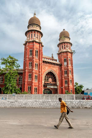 Chennai, Tamil Nadu, India - August 2018: The exterior facade of the exquisite red brick colonial...