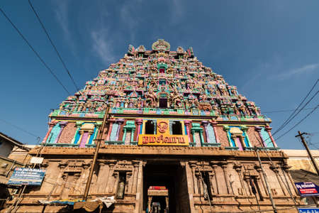 Trichy, Tamil Nadu, India - February 2020: The monumental entrance tower with carved mythological figures of the ancient Hindu Jambukeshwar temple in Tiruchirappalli.のeditorial素材