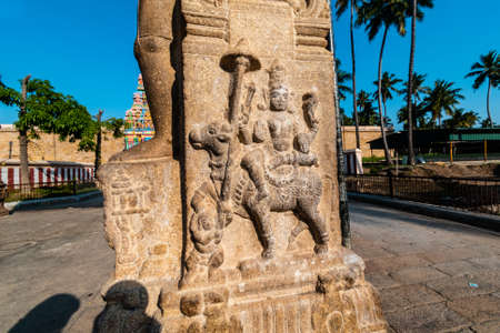 Trichy, Tamil Nadu, India - February 2020: Carving of a Hindu Goddess on a stone pillar in the ancient Jambukeshwar temple in the city of Tiruchirappalli.のeditorial素材