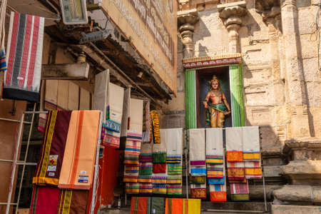 Trichy, Tamil Nadu, India - February 2020: Traditional South Indian loincloths and dhotis on display outside the walls of the ancient Ranganathaswamy temple in Srirangam.のeditorial素材