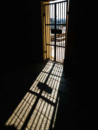 Sunlight streams through the rusty metal grilles of a door and hits the stone floors of a dark...