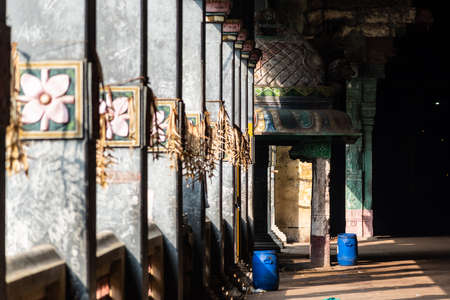 Mayiladuthurai,  Tamil Nadu, India - February 2020: Architectural detail inside the ancient Hindu temple at Vaitheeswaran Koil.のeditorial素材
