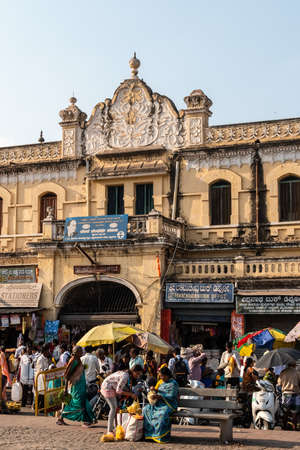 Mysuru, Karnataka, India - January 2019: Crowds of people outside the ancient Devaraja Market in the...